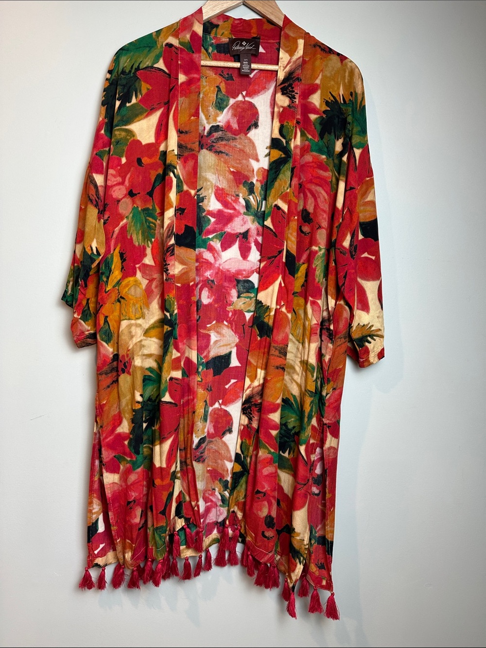 Patricia Nash viscose Red Floral Tassel Kimono tropical vacation boho beach